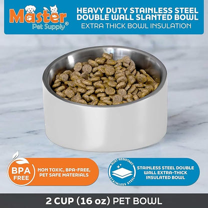 Master Pet Supply Stainless Steel Slanted Dog Cat Food Bowl - 16 oz Heavy Duty - Bone White, Double Wall Insulated, Non-Slip Elevated Bowl for French Bulldogs Pugs Cats, Anti Rust Dishwasher Safe