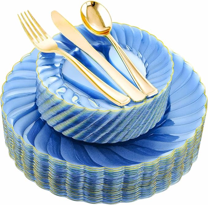 YOUBET 125PCS Clear Blue Gold Plastic Plates by YOUBET
