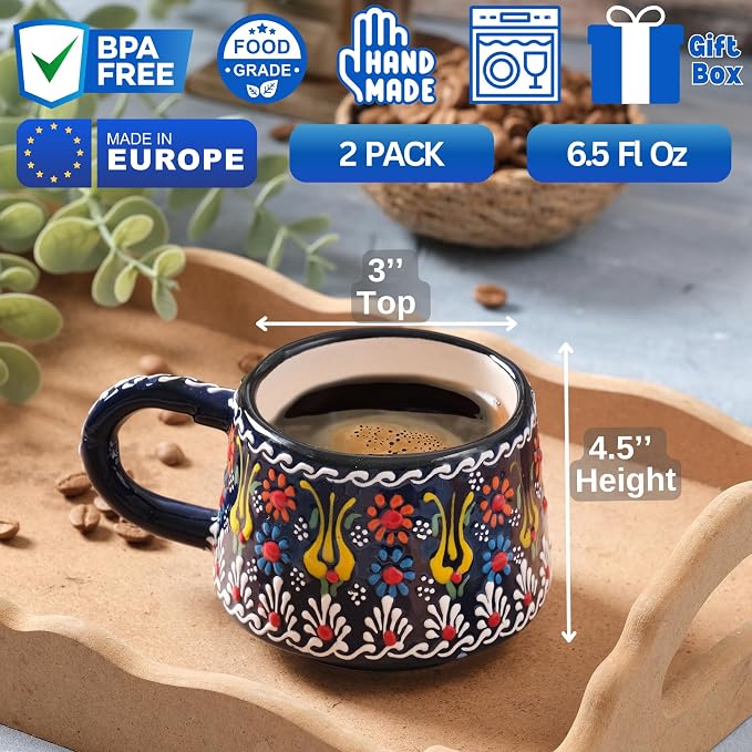 BCS 6 Oz Cappuccino Cups Set of 2, Hand-Painted Ceramic Coffee & Tea Mugs | - Image 2