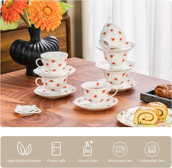 6oz Floral Porcelain Tea Cup & Saucer Set of 6, Rose Pattern | Elegant rose tea - Image 3