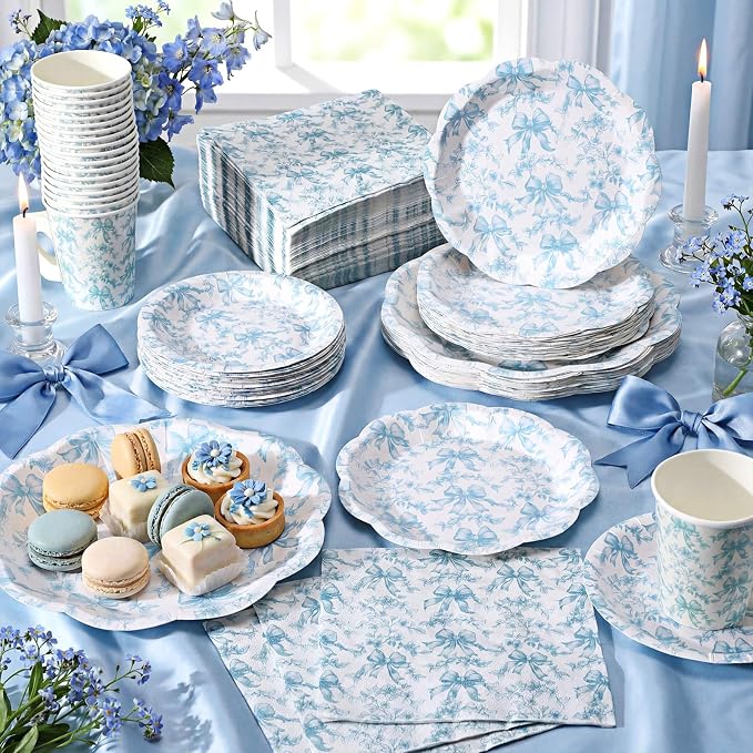 Pickmesh 252 Pcs Blue Bow Floral Tea Party Supplies - Image 3
