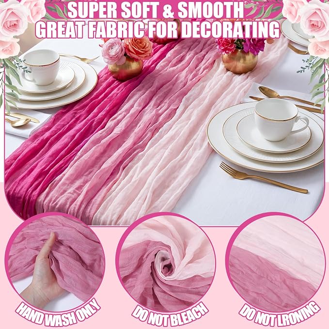 12 Pcs Gradient Rose Pink Cheesecloth Gauze Table Runners | Boho Wedding Decor - Image 4