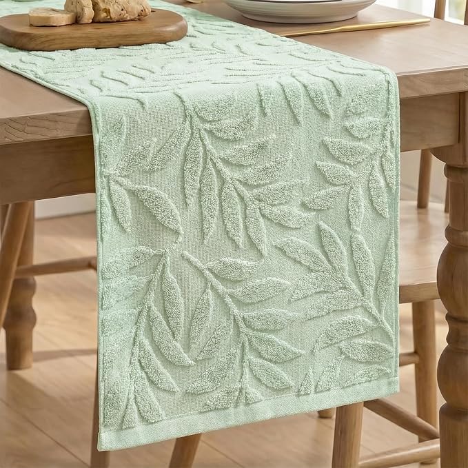 Artoid Mode Sage Green Soft 3D Jacquard Leaves 100%Cotton Spring Table Runner by ArtoidMode
