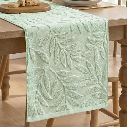 Artoid Mode Sage Green Soft 3D Jacquard Leaves 100%Cotton Spring Table Runner by ArtoidMode