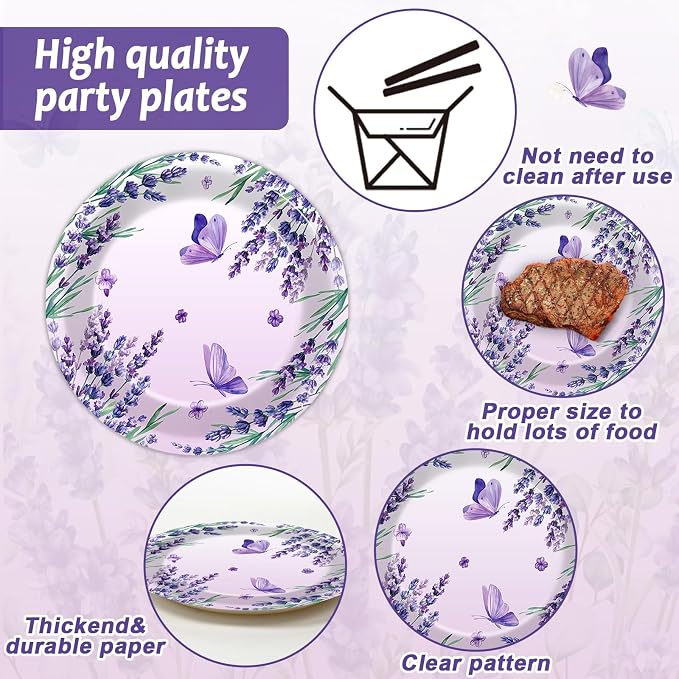 96Pcs Purple Party Supplies Lavender Paper Plates Napkins Summer Decoration | - Image 3