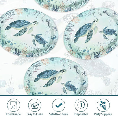 50Pcs Coastal Turtle Oval Paper Plates 10" X 12" Large Disposable Heavy Duty Ocean Blue Sea Turtles Paper Platters Sea Coral Starfish Plates for Holiday Summer Birthday Party Supplies