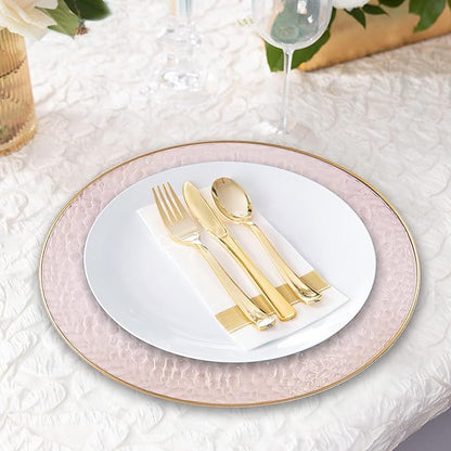 PARTY BARGAINS 13-Inch Charger Plates - 48 Pack, Hammered Pink Gold Rim, Heavy-Duty Disposable Chargers for Elegant Dining - Ideal for Weddings and Formal Events