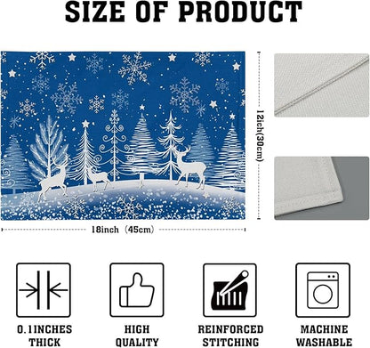 Xmas Placemats Set of 4 - Winter Navy Blue Place Mats 12x18 Table Mats White Forest Snowflake Reindeer Kitchen Mats for Party Dining Table