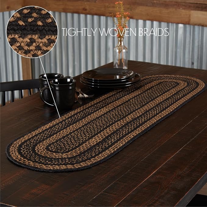 VHC Brands Farmhouse Primitive Jute Black Striped Oval Table Runner Decor - Image 4