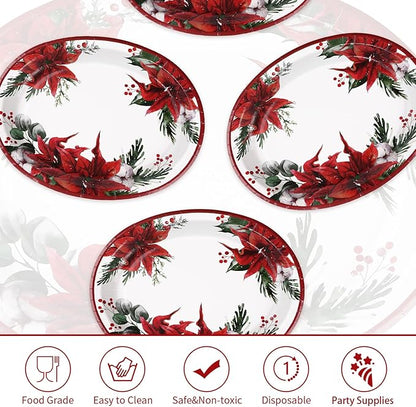 50 Pcs Christmas Oval Plates 10" x 12" Large Disposable 400 GSM Heavy Duty Red Poinsettia Floral Paper Dessert Plates Christmas Birthday Party Decorations for Festive Xmas Theme Dinner Party Supplies