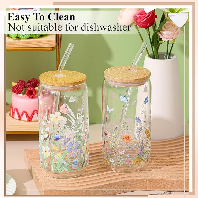 Mumufy 2 Pack Wildflower Glass Cups Gift Aesthetic Cute Glass Cup Tumbler - Image 4