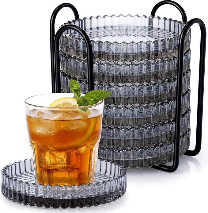 6 Pcs Glass Coasters with Holder Clear Drink Coasters Crystal Round Beverage by Remerry
