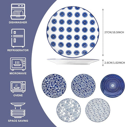 Ceramic Dinner Plates Set - 10.5 Inch Large Kitchen Porcelain Salad Serving Plate for Pasta Steak Pizza Pancakes - Scratch Resistant Dishwasher Oven Microwave Safe - Set of 6 - Vintage Blue