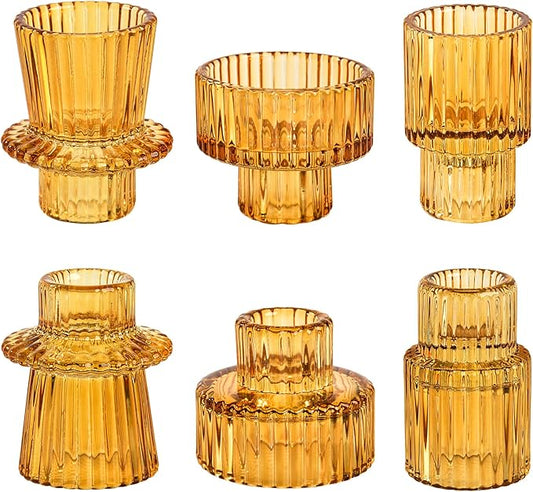 Taper Votive Candle Holder for Pillar Candles Tealight, Candlestick Holder for Wedding Christmas Tea Party, Boho Ribbed Vintage Crystal Glass Table Centerpiece Decor, Bulk Set of 6 (Amber)