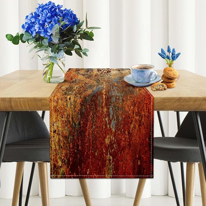 Brown and Orange Table Runner Inch Modern Abstract Messy Rust Painting Linen - Image 2