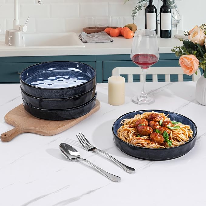LIANYU 33oz Pasta Bowls Sets of 4, Wide Shallow Stoneware Dinner Plates | - Image 7