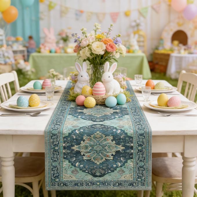 OYIMUA Boho Floral Pattern Summer Table Runner 72 Inches Long Teal and Blue - Image 6