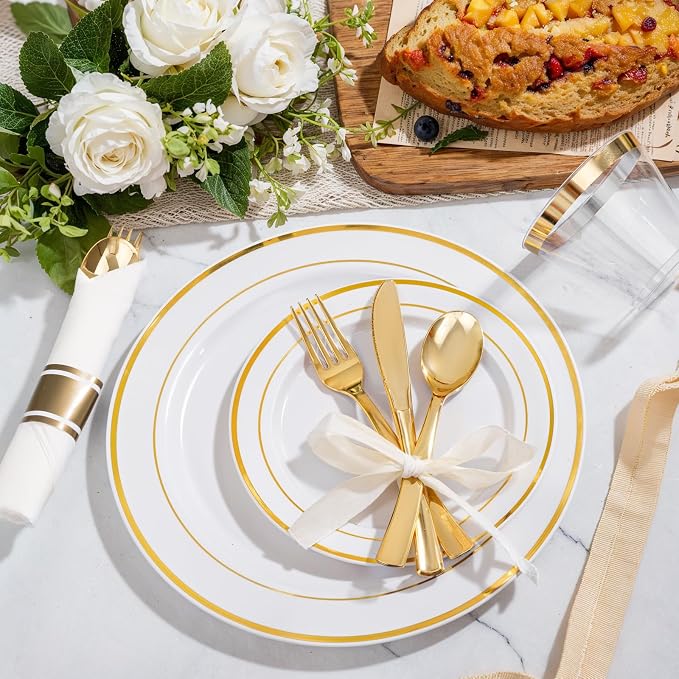 WELLIFE 350-Piece Gold Disposable Plates and Cutlery Set - Image 7