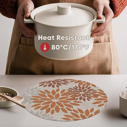 Artoid Mode Orange Dahlia Plastic Round Placemats Set of 4, 14 Inch Seasonal Wipeable Woven Vinyl Table Mats for Farmhouse Party Kitchen Dining Decor
