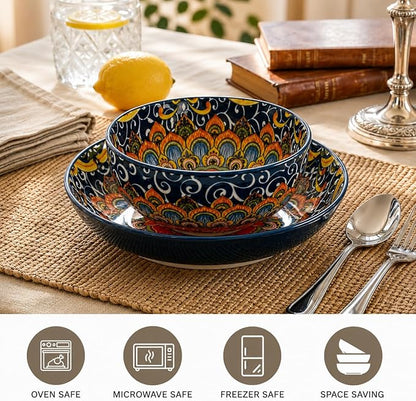 Cereal Bowls Set of 6, Bohemian Ceramic Soup Bowls, 28 oz Colorful Bowls Set - Image 4