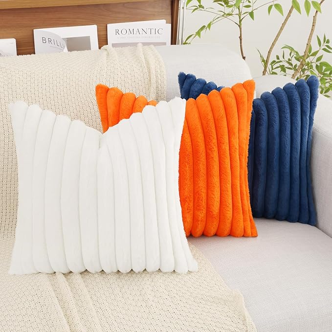 decorUhome Cozy Faux Fur Throw Pillow Covers 26x26 Set of 2 Decorative Soft Plush Striped Modern Farmhouse Boho Couch Euro Sham Pillow Cases with Velvet Back for Sofa Bed Living Room, White