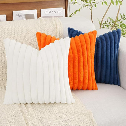 decorUhome Cozy Faux Fur Spring Throw Pillow Covers 20x20 Set of 2 Decorative Soft Plush Striped Modern Farmhouse Boho Couch Pillow Cases with Velvet Back for Sofa Bed Living Room, White