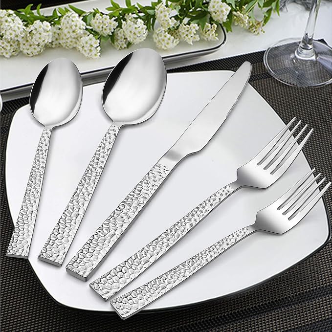 LIANYU 50-Piece Silverware Set for 10, Stainless Steel Flatware Set, Hammered - Image 6