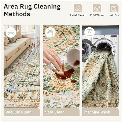 Washable Area Rug 8x10, Large Soft Rugs for Living Room Green Yellow Carpet 8x10 Area Rugs for Bedroom Dining Room Non-Slip Stain Resistant Rug