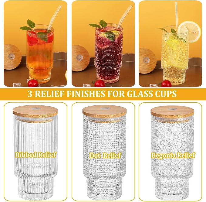 Glass Cups Set with Straw/Bamboo Lid, 12 oz Stackable Serving Drinking Glasses - Image 2