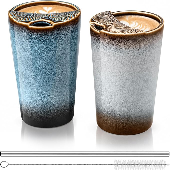 2 Pack Ceramic Coffee Mug with Sip Hole, Retro Espresso Cup 13 oz with 2 Straws by Ferrochef