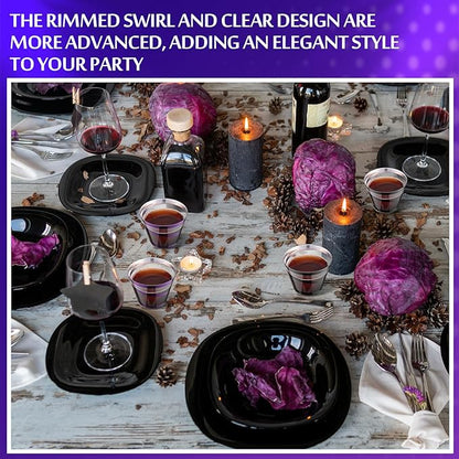 Gejoy 9 oz Rimmed Swirl Plastic Cups Disposable Wine Drinking Cups Clear Elegant Halloween Tumblers for Christmas Party Supplies(Purple, Black,100 Pcs)