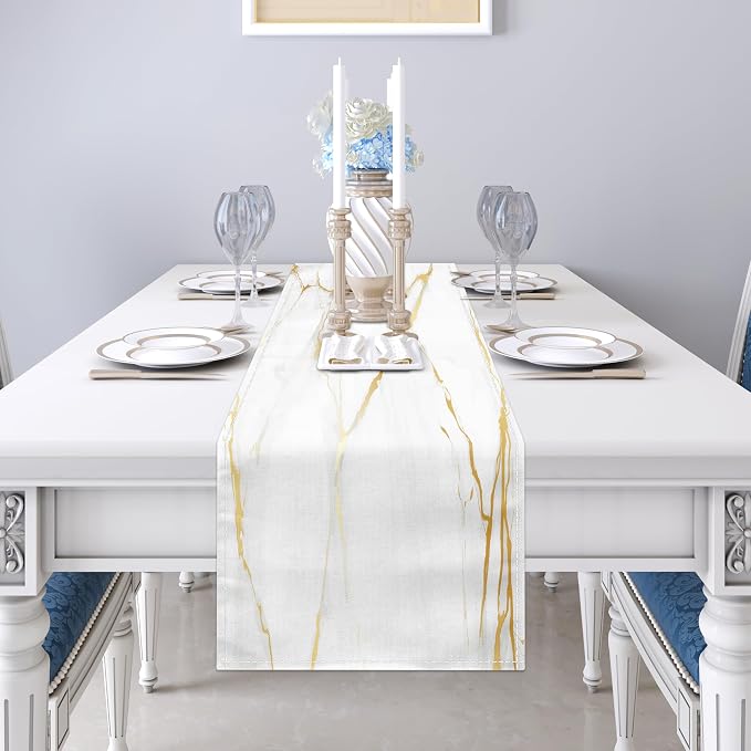 White Gold Table Runner Marble Linen Table Runners, Long Coffee Dresser Runners - Image 3