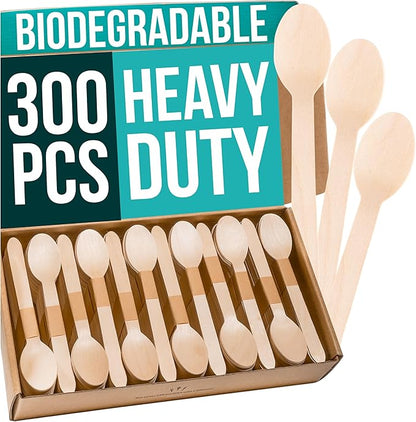 Disposable Wooden Spoons For Eating - 300pcs - Heavy Duty & Plastic Free - Our Guilt-Free FSC Certified Wood Protects Forests - A Great Alternative to Bamboo Spoons Disposable.