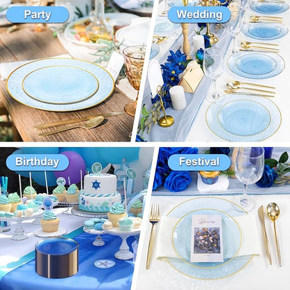 Rubtlamp 60 Pcs Blue Gold Plastic Plates, Hammered Plastic Dessert/Salad Plates, 7-Inch Blue Dessert Platos,Appetizer Platos Disposable Perfect For Wedding