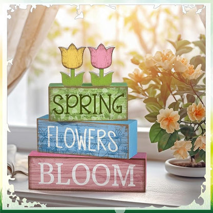 Moucuny 4 Pcs Spring Table Decor Wooden Tulip Spring Tiered Tray Decor Flowers - Image 4