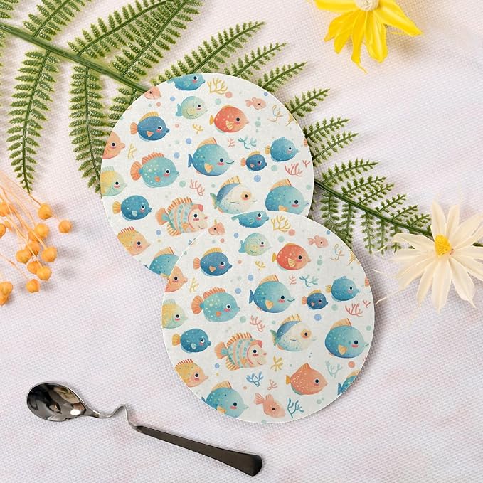 Puffer Hawaiian Fish and Seaweed Set of 4 Absorbent Drink Coaster Heat - Image 3