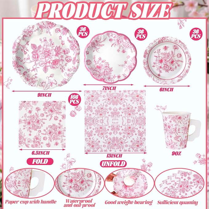 Pickmesh 252 Pcs Pink Floral Tea Party Supplies - Image 2
