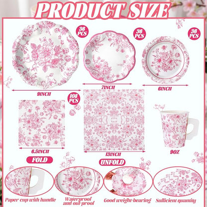 Pickmesh 252 Pcs Pink Floral Tea Party Supplies - Image 2
