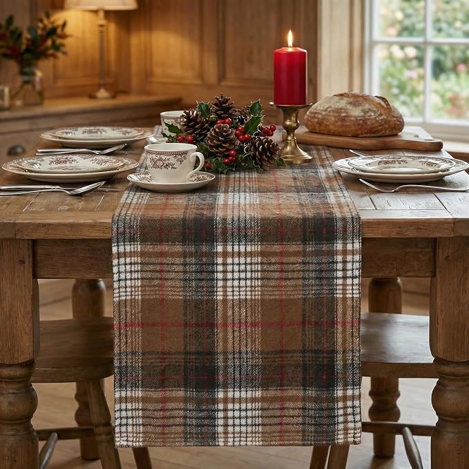 Artoid Mode Coffee Brown Farmhouse Plaid Retro Fall Table Runner, Thanksgiving - Image 2