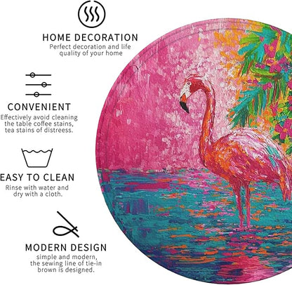 Flamingo Coasters Leather Round Drink Coasters 6 Pcs Set with Holderor for Cup Drink Coffee Table Bar Home Decor