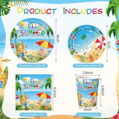 Pickmesh 250 Pcs Hello Summer Plates Napkins and Cups Beach Party Decorations - Image 2