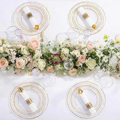 Ciaell 350PCS Clear Plastic Plates with Gold Trim for 50 Guests,Includes 100 Plastic Plates, 50 Pre Rolled Napkins with Gold Silverware, 50 Cups, Disposable Dinnerware Set for Wedding & Party
