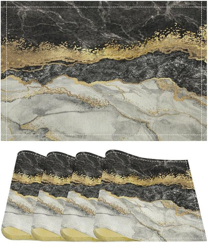 Marble Linen Place Mats Set of 4, 12x17 Inch Modern Luxury Texture Black Grey Gold Marble Washable Fabric Non-Slip Placemats for Home Dining Table Banquets Party Kitchen Decoration