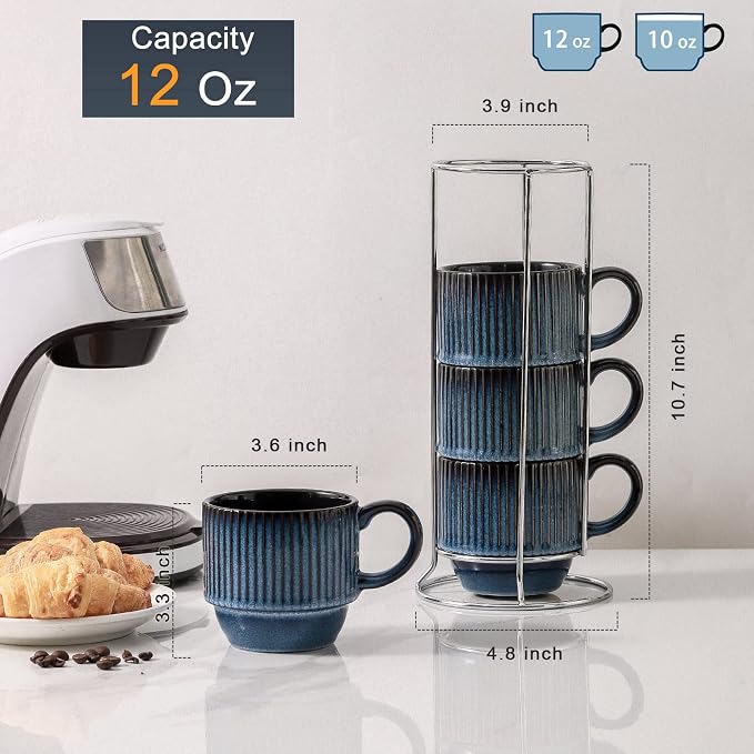 Hasense Navy Coffee Mugs Porcelain Set of 4 - 12 oz Stackable Coffee Cups - Image 3