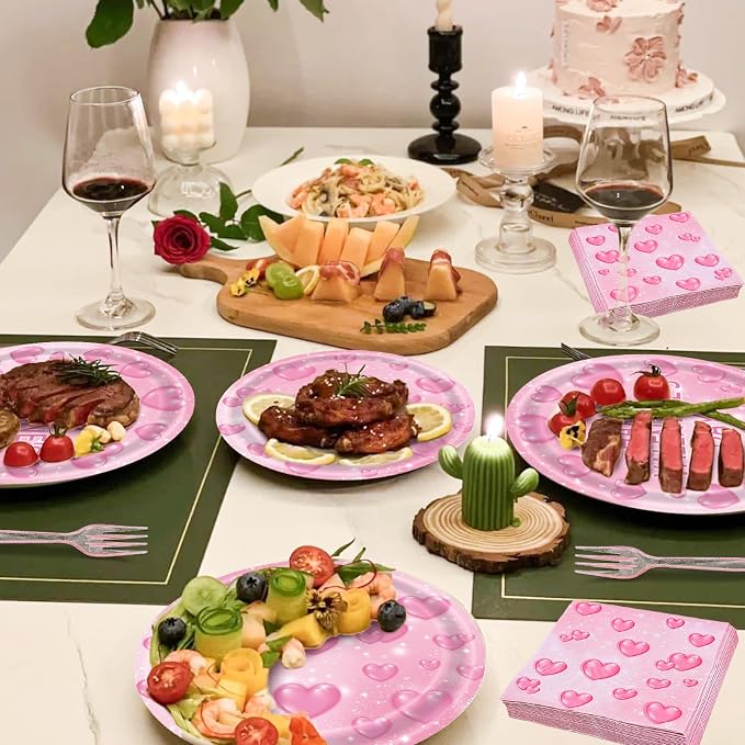 96 Pieces Valentine’s Day Tableware Set – Pink Heart Disposable Plates and - Image 5