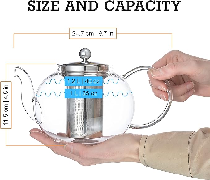 Glass Teapot Set with 4 Double Wall Tea Cups & Removable Stainless Steel Infuser - Image 5
