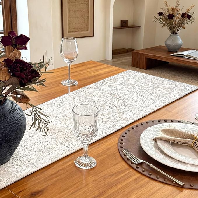 Waterproof Jacquard Table Runner, Milky White, 12x108 Inches | Modern Thick - Image 3