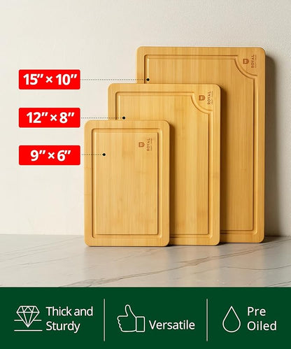 ROYAL CRAFT WOOD Bamboo Cutting Board Gift Set – 3-Piece Reversible Wooden Boards with Deep Juice Groove & Handles – Premium Charcuterie & Butcher Blocks for Kitchen – Holiday Gift-Ready Packaging