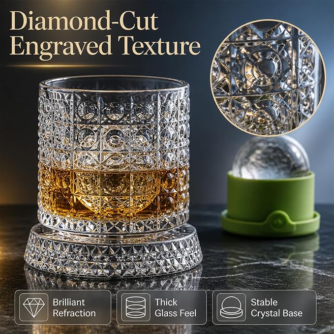Spinning Whiskey Glass with Large Ice Ball Mold, 360° Rotating Crystal Rocks - Image 4
