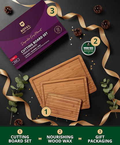 ROYAL CRAFT WOOD Bamboo Cutting Board Set – 3 Durable Wooden Cutting Boards for Kitchen Meal Prep, Charcuterie & Serving – Chopping & Butcher Block with Juice Grooves – Gift-Ready Packaging & Wood Wax
